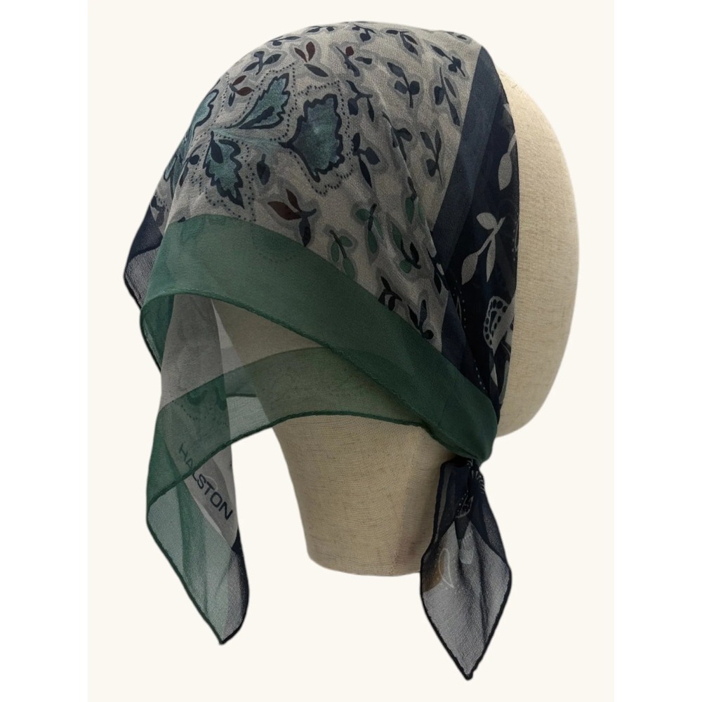 Halston Silk Scarf Green Navy Blue Floral Paisley Patchwork Square Chiffon